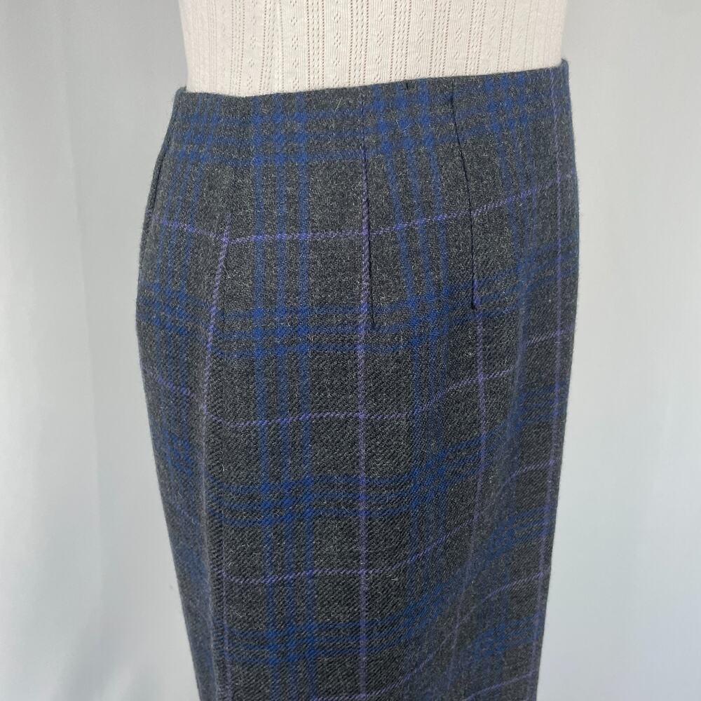 Vintage Midi Skirt Size 8 Grey Blue Plaid Tartan Wool Asymmetrical Academia 90s - Picture 4 of 14
